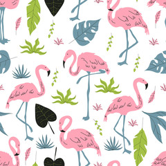 Flamingo Bird and Flora as Seamless Vector Pattern