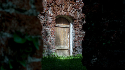 Fototapeta na wymiar Tajemnicze drzwi w starych ruinach