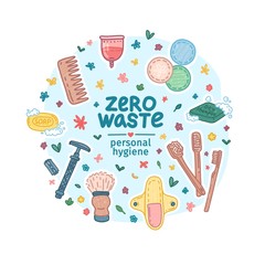 Fototapeta na wymiar Zero waste hygiene kit design. Eco friendly banner concept with recyclable and reusable products for shopping. Zero waste personal care lifestyle elements. No plastic. Cartoon doodle style. Vector.