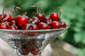 Cherries in Glass bowl. Red cherry & leaf in bowl on wooden background with sunlight. Fresh cherries bowl as healthy fruitarians concept. Sweet organic berries on old rustic stump. Juicy tasty fruit