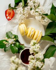Yellow macaroon cookies among white flowers of lilac and green leaves. Food photography. Advertising and commercial close up design.