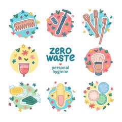 Zero waste hygiene kit design. Eco friendly icon concept with recyclable and reusable products for shopping. Zero waste personal care lifestyle elements. No plastic. Cartoon doodle style. Vector.