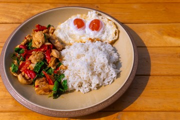 Stir fried Minced pork with basil,fast food Thai Style food. Thailand street food. Thailand's national dishes, Thai name is Pad kra prao Mou. famous food in Thailand