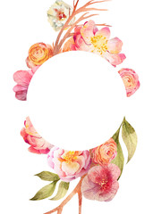 Watercolor tender vertical card with flowers, horns, feathers, leaves, roses. Round frame. Boho collection is perfect for flower projects and wedding designs.