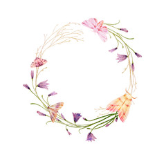 Watercolor wreath. Summer field blades of grass, twigs, flowers, bells and butterflies on a white background. Illustration of decoration. Save the date, wedding design