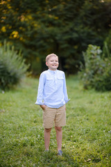 Portrait of a child boy outdoors on a warm sunny summer day.