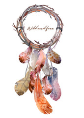 Watercolor illustration. Dreamcatcher. Boho card perfect for invitations, greetings © Marina