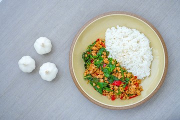 Stir fried Minced pork with basil,fast food Thai Style food. Thailand street food. Thailand's national dishes, Thai name is Pad kra prao Mou. famous food in Thailand