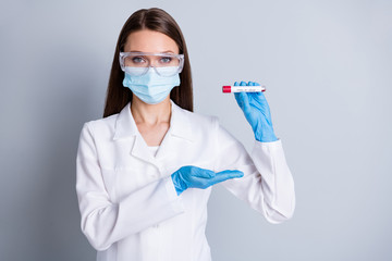 Photo of beautiful young lady doc clinic hospital virology examination hold analysis blood probe...