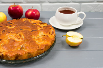 Homemade baked apple pie, in a plate, on a gray wooden table, ready to eat. View from above.