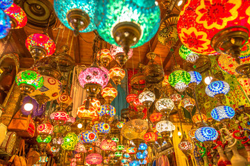 Colorful ceiling chandelier in Arab and Moroccan style. Lanterns lamp hanging down from the ceiling.