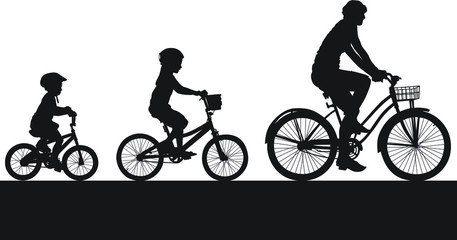 Obraz premium A vector silhouette of a mom and two children riding bikes.