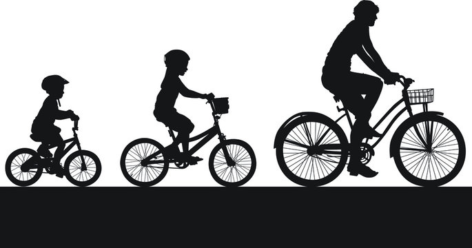 A Vector Silhouette Of A Mom And Two Children Riding Bikes.