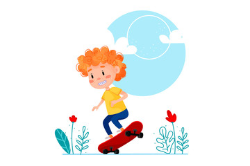 Happy boy riding skateboard outside. Summer holidays outdoor activities for children.  illustration on white isolated background.