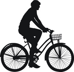 A vector silhouette of an adult female riding a bike.