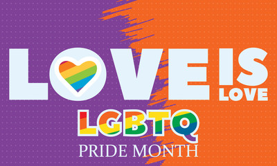 LGBT Pride Month in June. LGBT flag in heart. Be yourself text. Poster, card, banner, background, T-shirt design. 