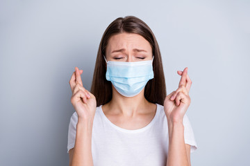 Photo of pretty lady had contact infected people hospital examination patient terrified eyes closed...
