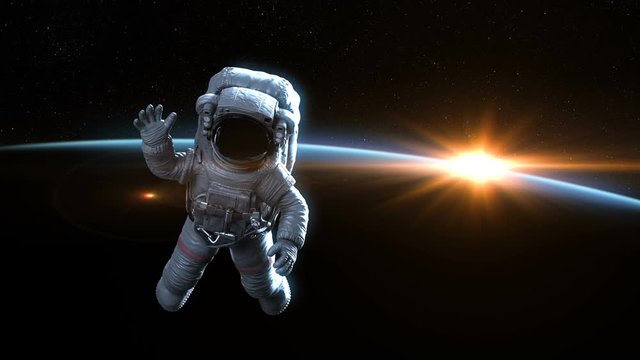 Astronaut Waves in Outer Space at Dawn. Beautiful High Detailed 3d Animation, Ultra HD 4K 3840x2160