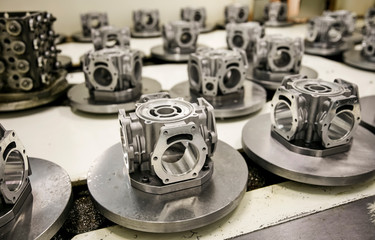 Engine block processed in factory production line