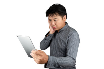 Portrait male asia handsome office worker Wear striped shirt hand holding the tablet overwork tired having headache caused unhappiness and disappointment feeling isolated on a white background