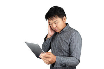 Portrait male asia handsome office worker Wear striped shirt hand holding the tablet overwork tired having headache caused unhappiness and disappointment feeling isolated on a white background