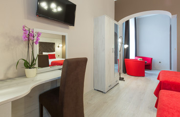 Interior of a double bed hotel bedroom
