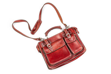 Red women's leather bag rectangular shape with a long handle over the shoulder