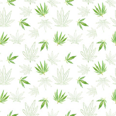 Fototapeta na wymiar Cannabis leaf watercolor drawing - seamless pattern sketch