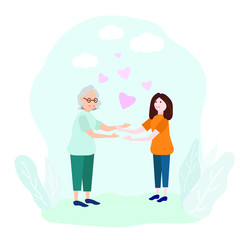 An elderly woman holds out her hands to a young woman. Friendly support. Vector illustration.
