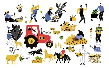 Fototapeta premium Agricultural workers planting and gathering crops.lady and man at greenhouse or garden with watering can taking care of houseplants growing in pots or planters. Modern vector illustration in flat cart