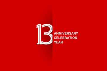 13 years anniversary, minimalist logo jubilee, greeting card. Birthday invitation. White space vector illustration on Red background - Vector