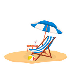 Relaxing scene on a breezy day, deck chair, umbrella and a cocktail table.