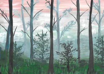 Hand drawn gouache forest landscape with pink sky