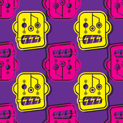 seamless robot head pattern in yellow and pink on a purple background. Vector image