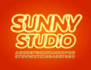 Vector glowing text Sunny Studio with Yellow Electric Font. Neon Alphabet Letters and Numbers