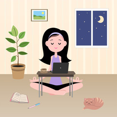Girl meditates at home in front of a computer