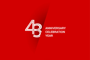 43 years anniversary, minimalist logo jubilee, greeting card. Birthday invitation. White space vector illustration on Red background - Vector