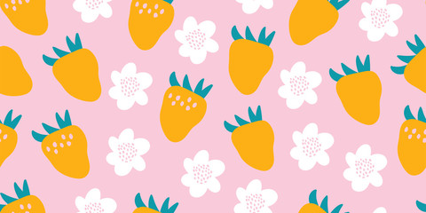 summer seamless pattern with strawberries, flowers