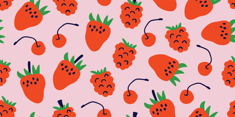 summer seamless pattern with strawberries, cherry