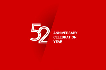 52 years anniversary, minimalist logo jubilee, greeting card. Birthday invitation. White space vector illustration on Red background - Vector