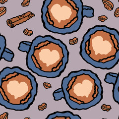 Vector illustration of a cup of coffee. Seamless pattern - cup of coffee, coffee grains and cinnamon. Illustration for menu, advertisement.