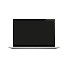 Professional laptop with blank black screen. Realistic notebook mockup.
