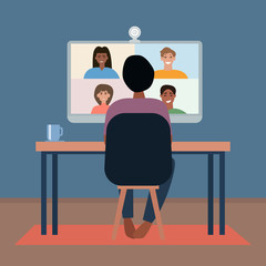 Video conference with friends during quarantine. Collective virtual meeting and group video conference. People working at home.