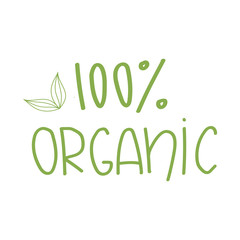 100% organic lettering.Vector logo design.Organic product emblem on white background.