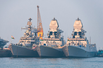 01/07/2020 Mumbai. India. three warships of the Indian Navy anchored in Mumbai - 353429864