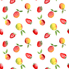 Strawberry peach apricot ripe red yellow watercolor fruit seamless pattern. Endless print for textile, clothes, fashion fabric, linens, dress, cover, wallpaper. Hand painted in modern trendy style.