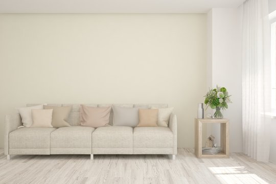 White living room with sofa. Scandinavian interior design. 3D illustration