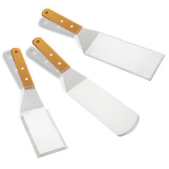 Barbecue and grill tools set on White Background, spatula blade scraper bottle tongs hook