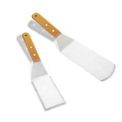 Barbecue and grill tools set on White Background, spatula blade scraper bottle tongs hook