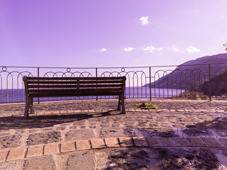 Bench on the heights of the mountain looking towards the Tyrrhenian sea on the Amalfi coast on a...